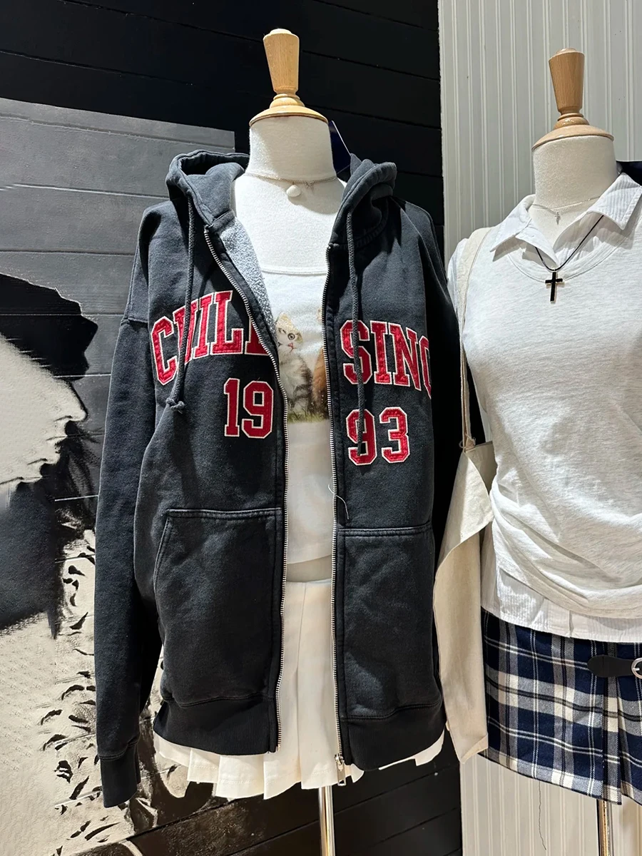 

Темно-синяя толстовка с вышивкой букв, осенняя хлопковая толстовка с капюшоном и карманом на молнии с длинными рукавами, женские винтажные уличные топы большого размера