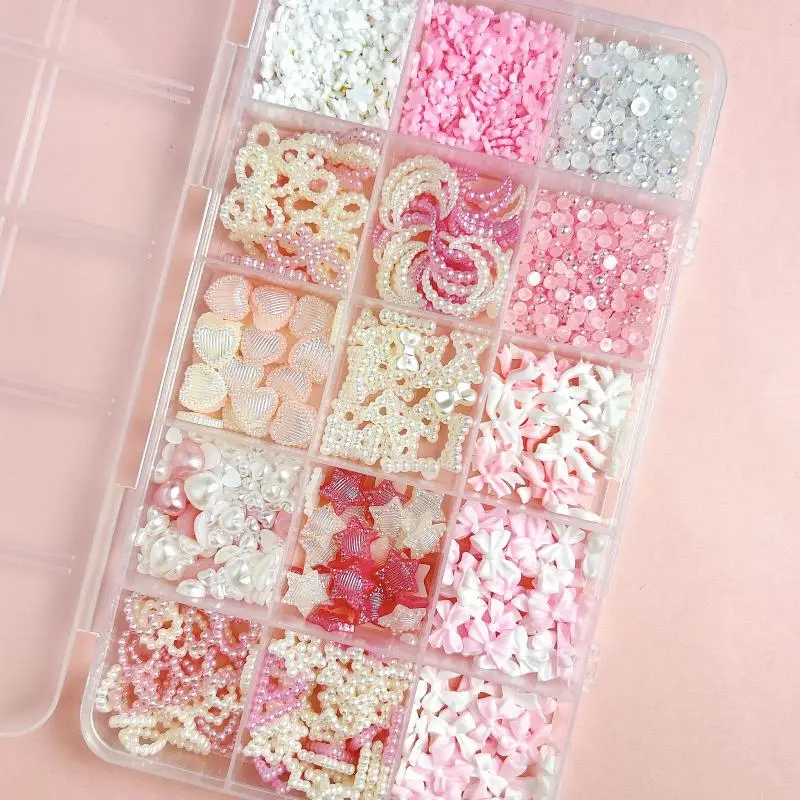 

1Box Random Mixed Pink White Ribbon Bow Nail Charms Warm Tones Hollowed-out Heart Stars Nail Decorations for Manicure DIY Crafts