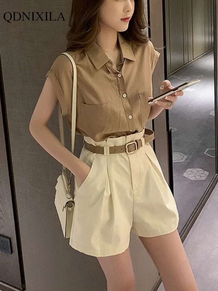 2024 Summer Women\'s Shorts Sets Design Fashion Elegant Thin Loose Fashion Sleeveless French Shirts Wide Leg Shorts 2 Piece Set