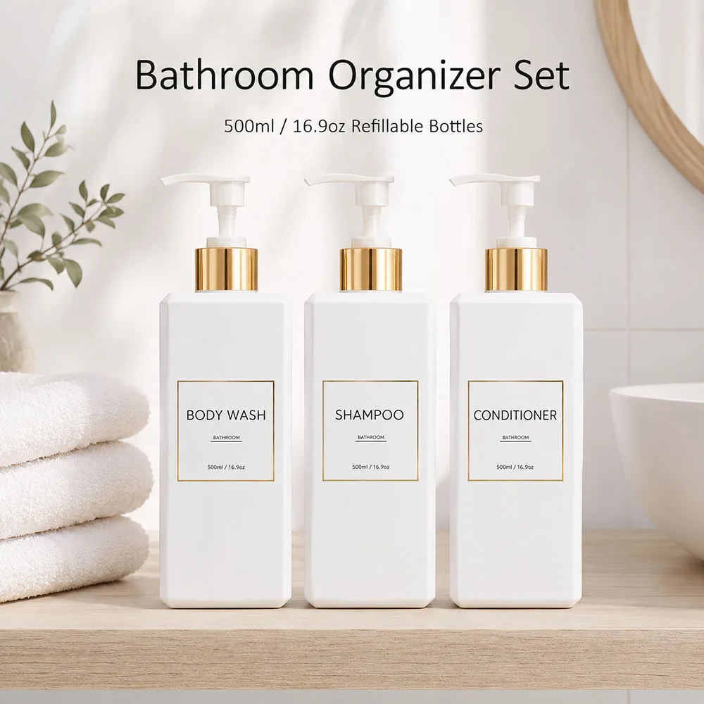 500ml/16.9oz Shampoo Dispenser Bottle with Pump, Waterproof Label Soap Bottle for Bathroom Shampoo Conditioner Body Wash