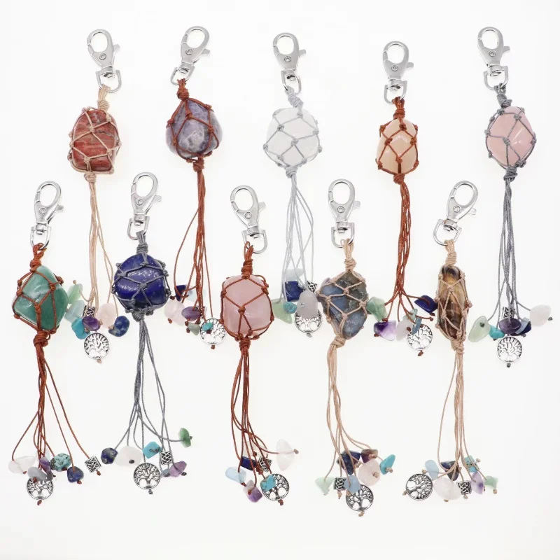 

12pcs Natural Crystal Braided Rope Net Pocket Bag Pendant Keychain Decorative Tree Tassels Lobster Clip Clasp Pendant Wholesale