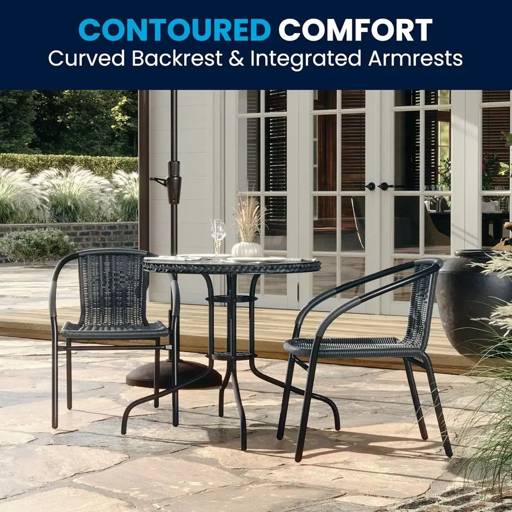 Gray 3-Piece Outdoor Patio Dining Set: Round Glass Top Metal Table with Stackable Rattan Chairs