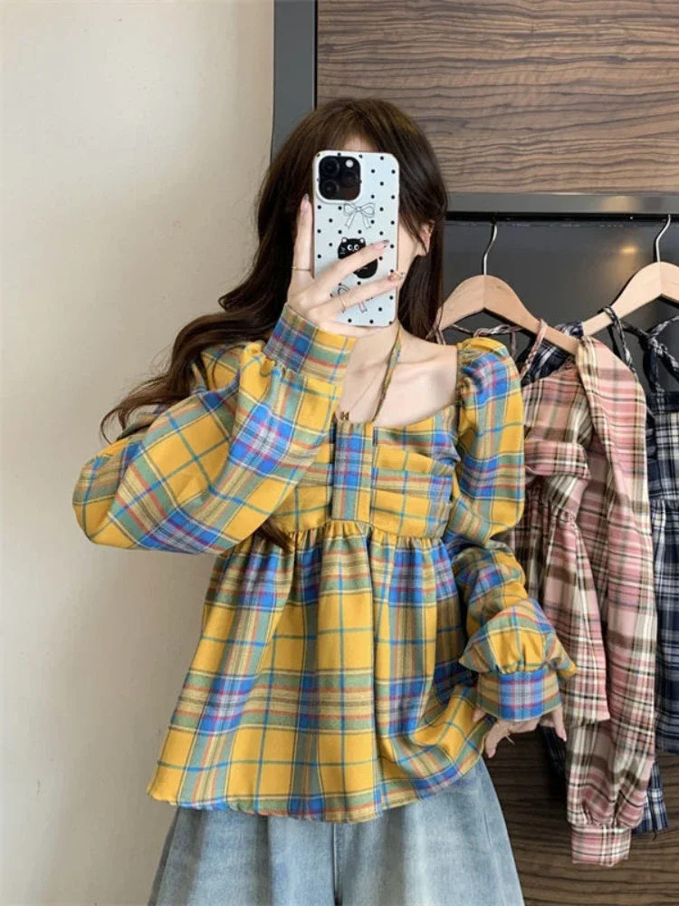 بلوزة منقوشة للسيدات بأكمام واسعة على الطراز الكوري للربيع تصميم نحيف مضاء موضة ريترو كل مباراة ملابس الشارع الشهير De Mujer #4