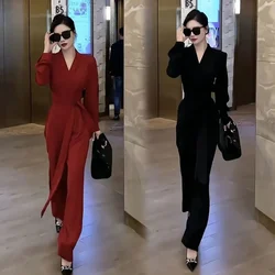 Conjunto de macacão vermelho simples feminino, perna larga, cintura fina, queda, tendência feminina, moda, primavera e verão, 2023