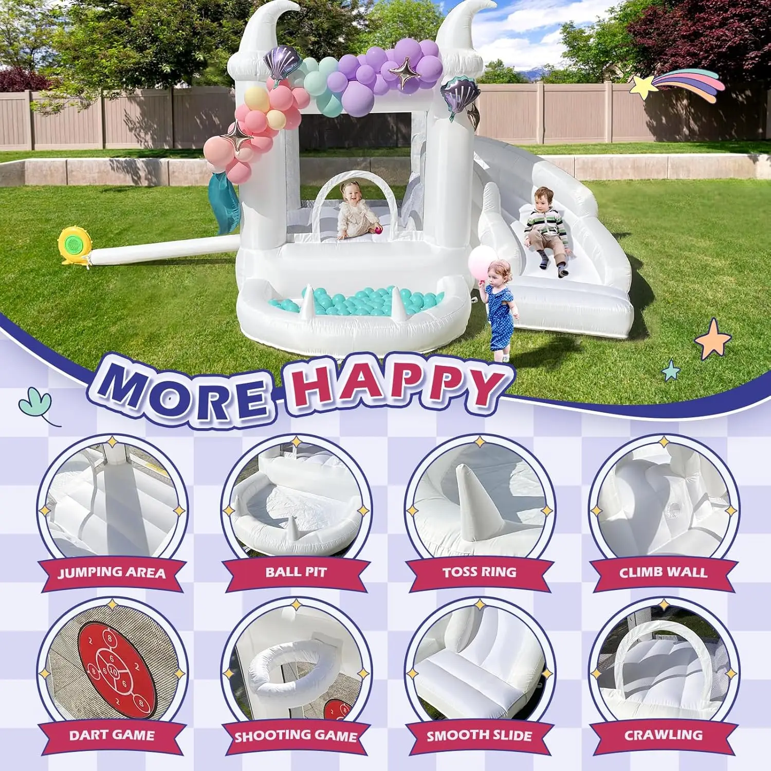 White Bounce House with Blower Kids Ball Pool Family Backyard Bouncy Castle Suitable for Birthady Events Parties Customization