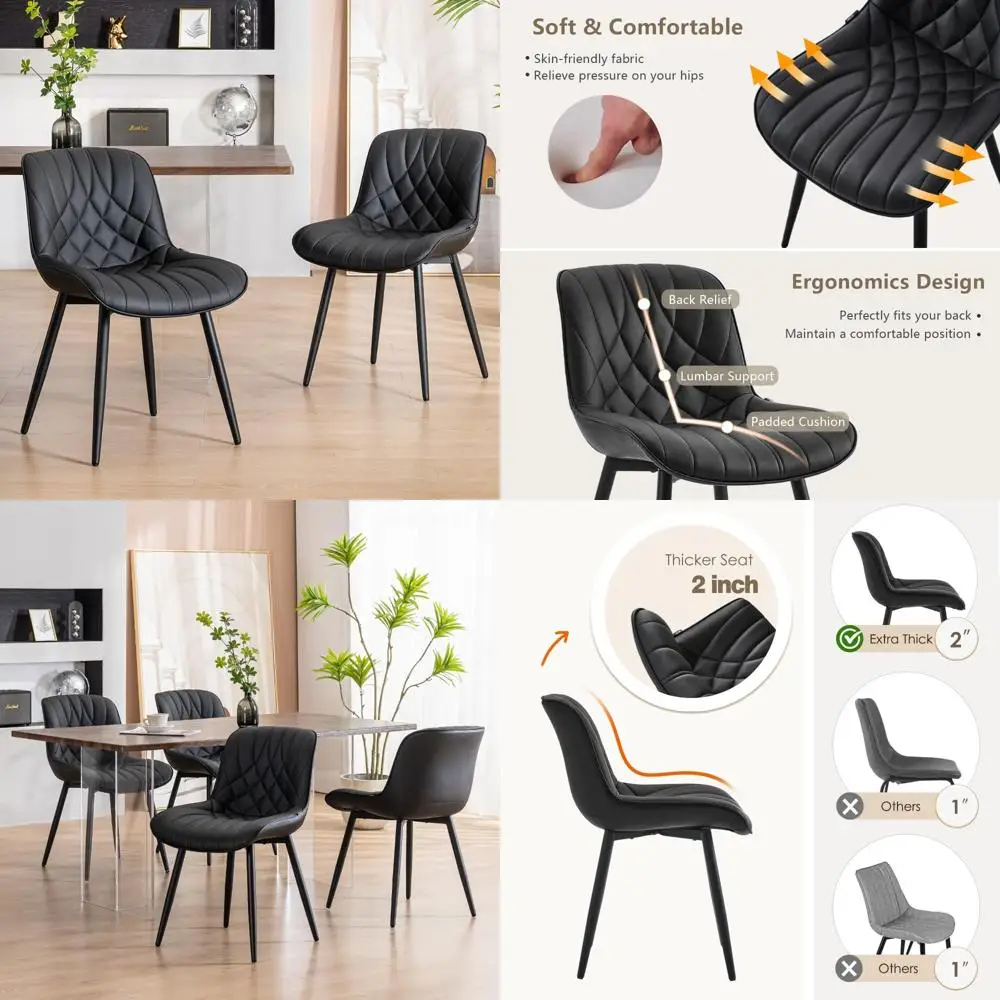 Juego de 2 sillas de comedor tapizadas modernas de color negro, cómodas sillas de cocina de cuero PU para comedor