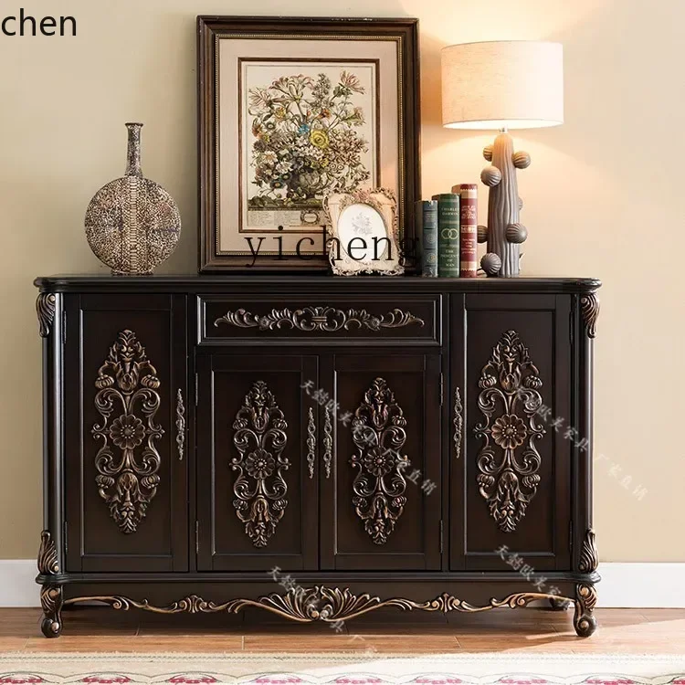 ZMLShoe Cabinet Large Capacity American Solid Wood Frame Living Room Carved Display Sideboard Cabinet