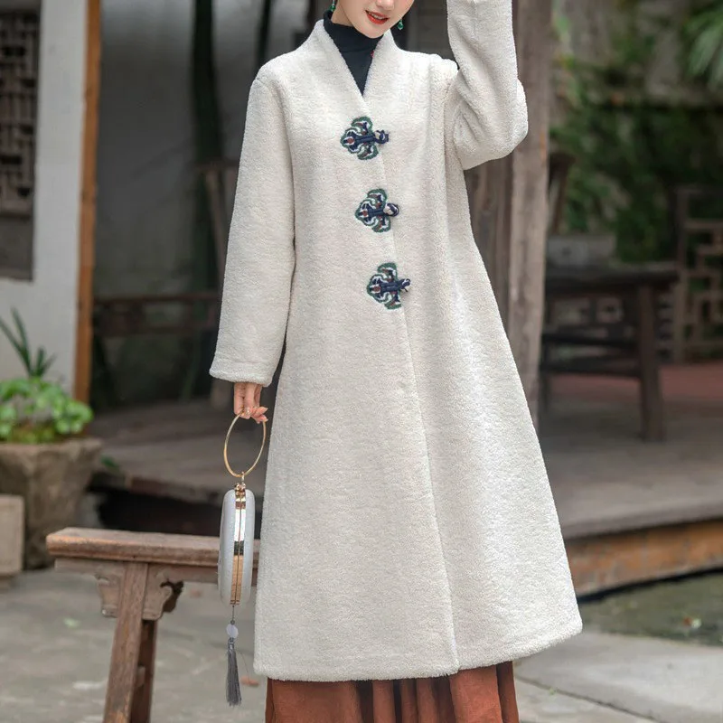 Vintage Fashion Improved Hanfu Button Lamb Wool Trench Coat Women's Winter Solid Color Embroidered Fur One Loose Thick Long Coat