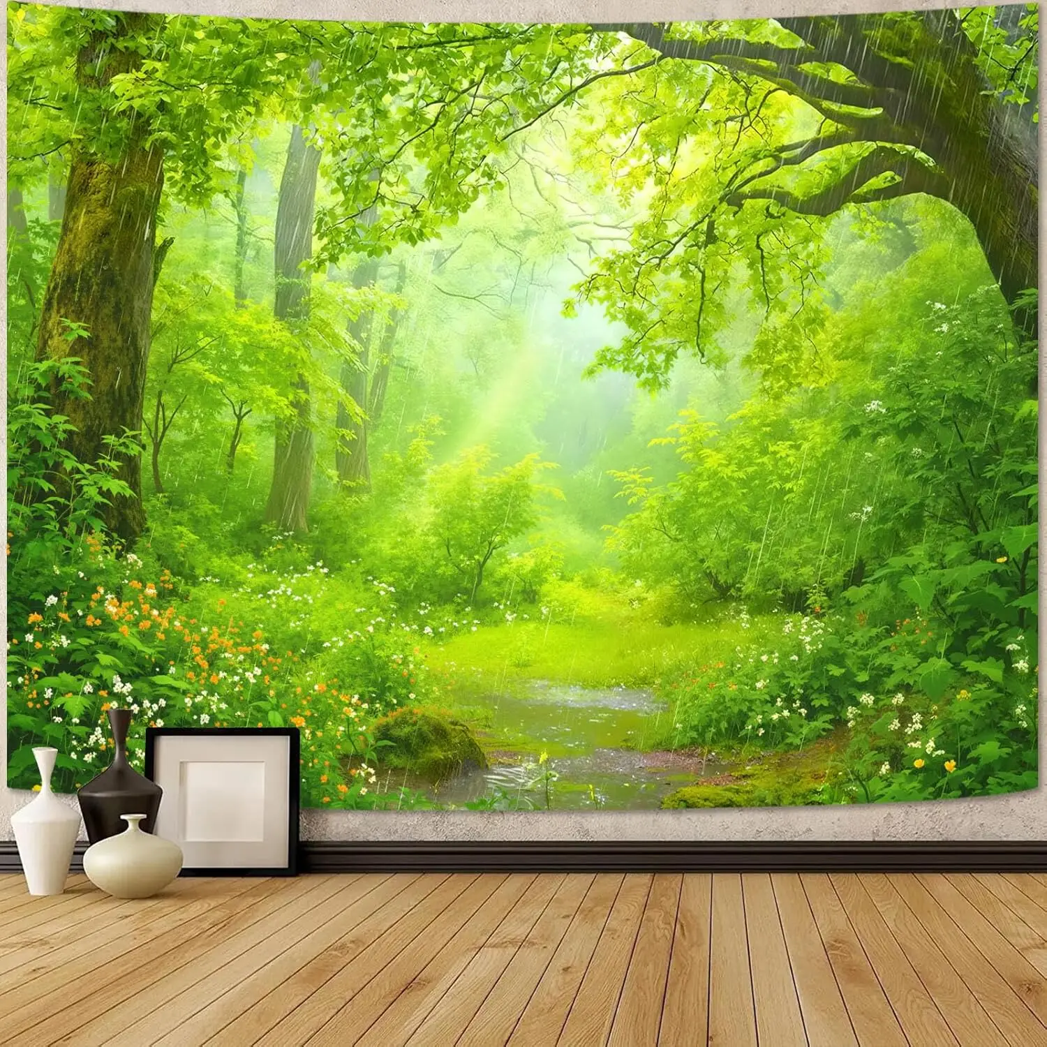 Green Forest Rain Tapestry, Lush Jungle Sunbeam Waterfall Landscape Wall Hanging for Bedroom Living Room, Nature Aesthetic Home