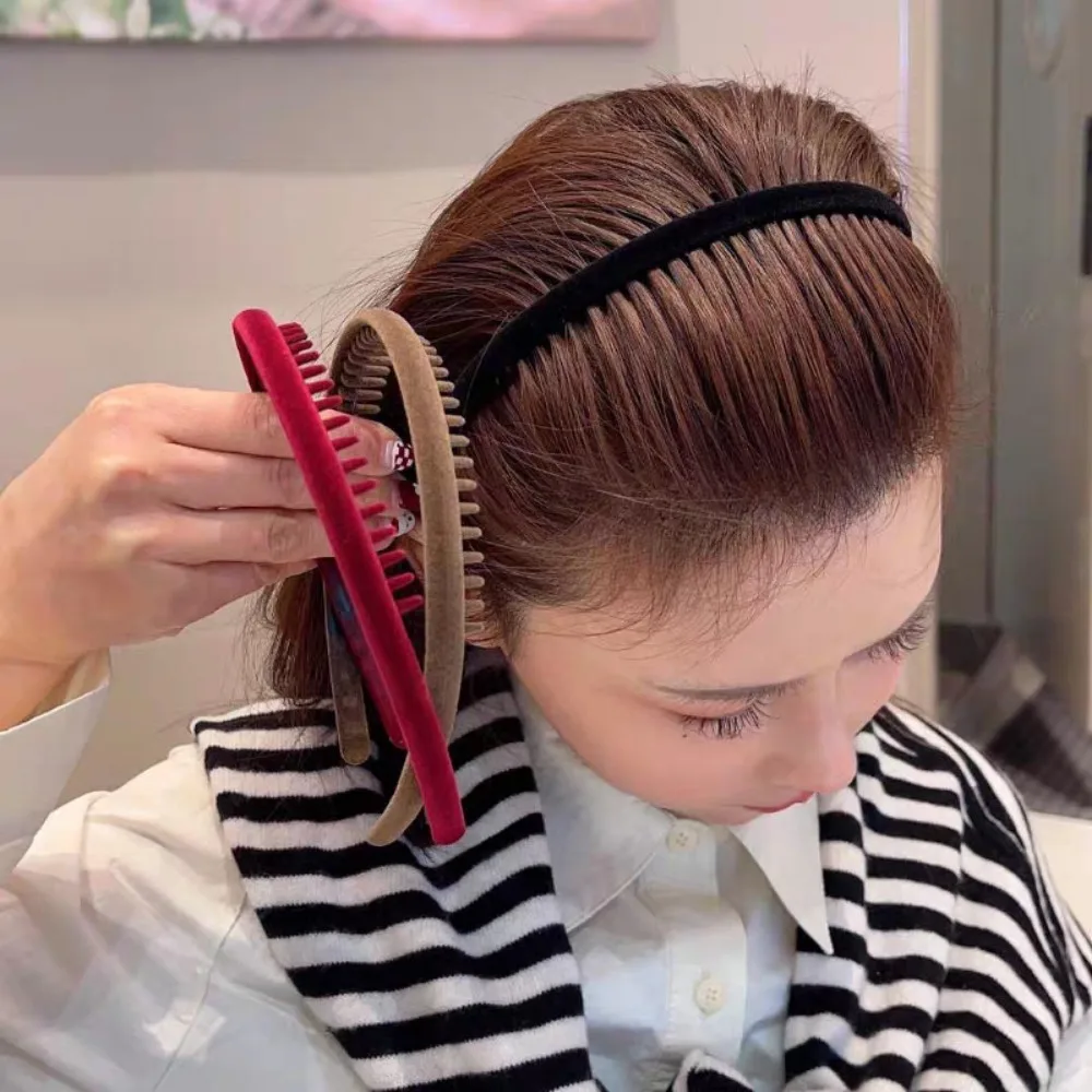 2-teiliges elegantes schwarz-rotes Samt-Haarband mit Zähnen, Retro-Stirnband für Damen und Mädchen, Haarbänder, Haar-Accessoires – Detail 1