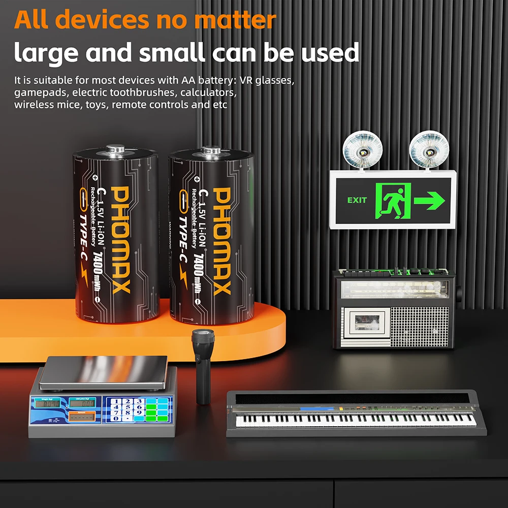 

PHOMAX 1-16PCS USB Rechargeable C Size lithium Batteries 1.5V 7400mWh Battery with Type-C Cable For Gas Appliances Water Heater