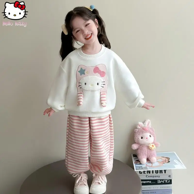 

2Pcs Cartoon Sanrio Children's Sweet Clothing Kawaii Long Sleeved Coat Set Hello Kitty Autumn New Anime Sweatshirt Pants Suit