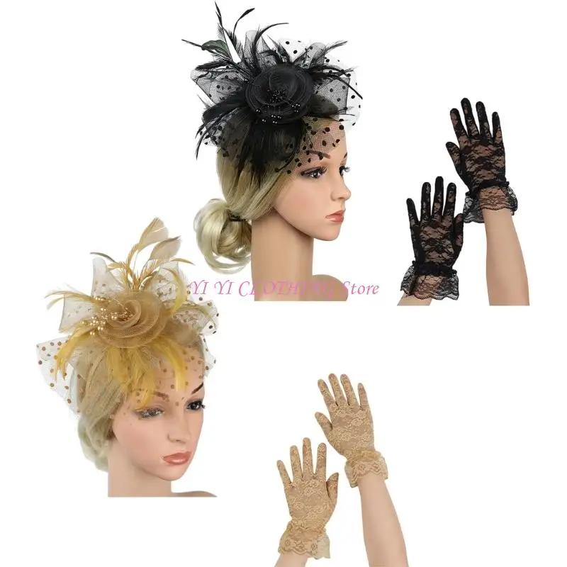

N5KF Sophisticated Fascinator Hat with Veil and and Lace Wrist Gloves Set Bridal Headpiece For Wedding Receptions
