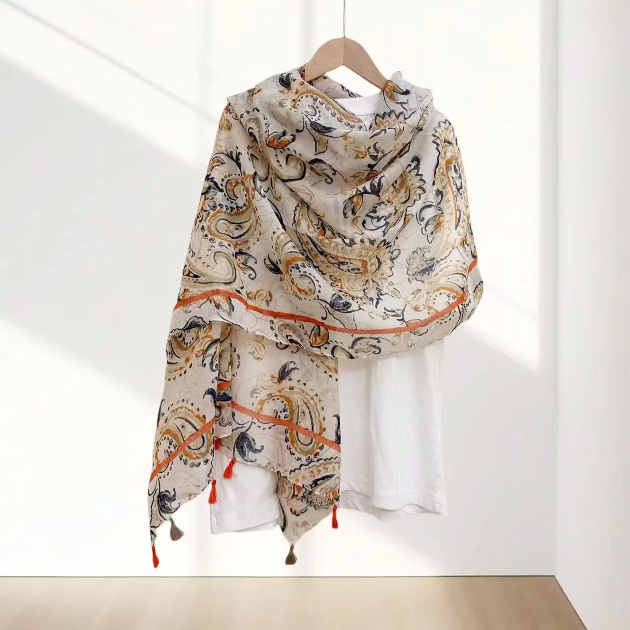 Ethnic Style Cotton‑Linen Printed Scarf Sun‑Protection Shawl for Women Travel Outfit Silk Scarf Seaside Beach Gauze Shawl