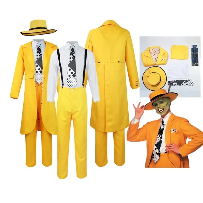 The Mask Cos Jim Carrey Cosplay Costume Outfits Adult Men Fantasia Yellow Uniform Coat Pants Hat Outfits Halloween Carnival Suit