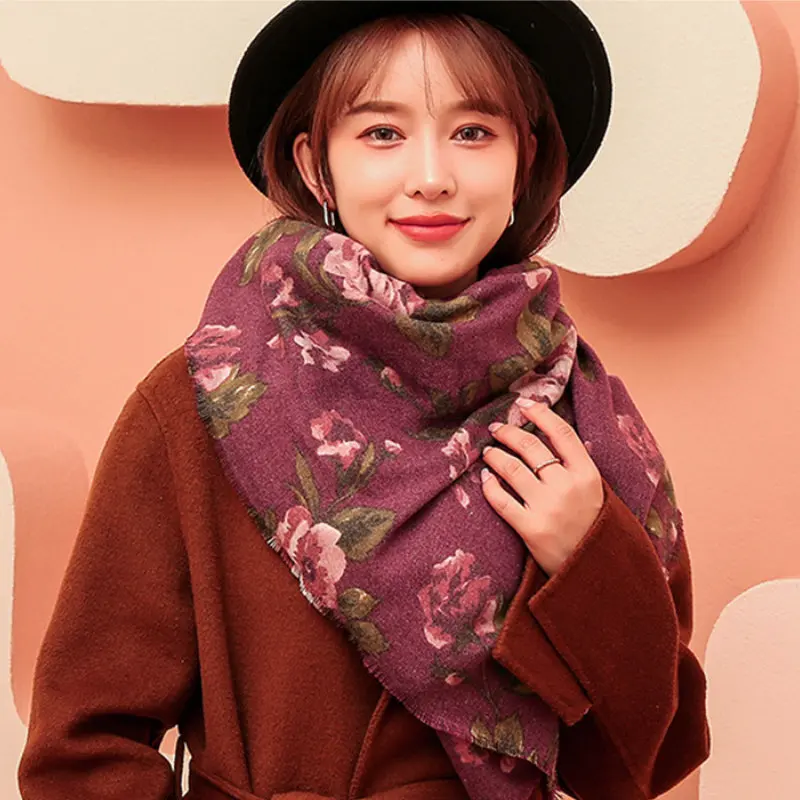 Womens Scarf Autumn Winter Fashion Ethnic Style Lady Floral print Shawl Short Tassel Imitation Cashmere Warm Long Scarves