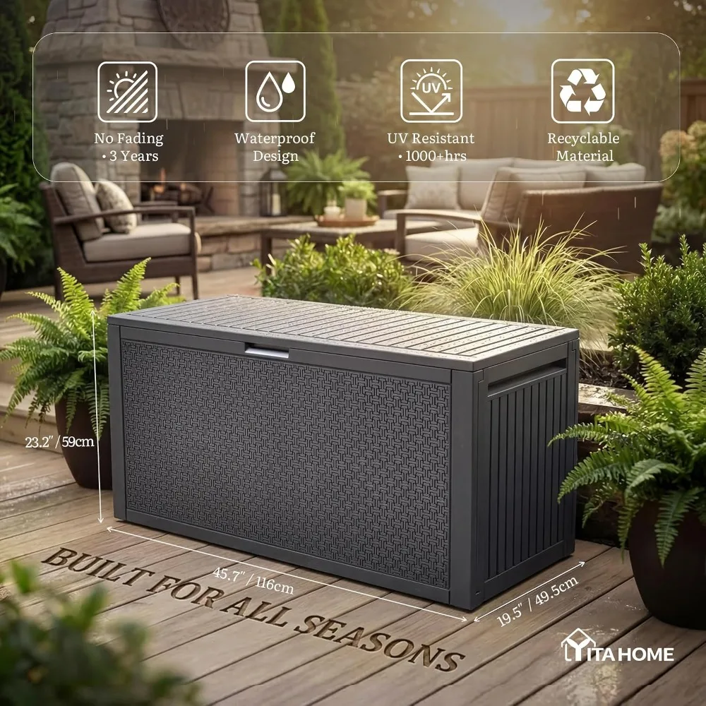 95 Gallon Outdoor Storage Deck Box, Waterproof Resin, Lockable & UV Resistant, with Handles for Patio Furniture Garden Tools, Dark Gray view 4