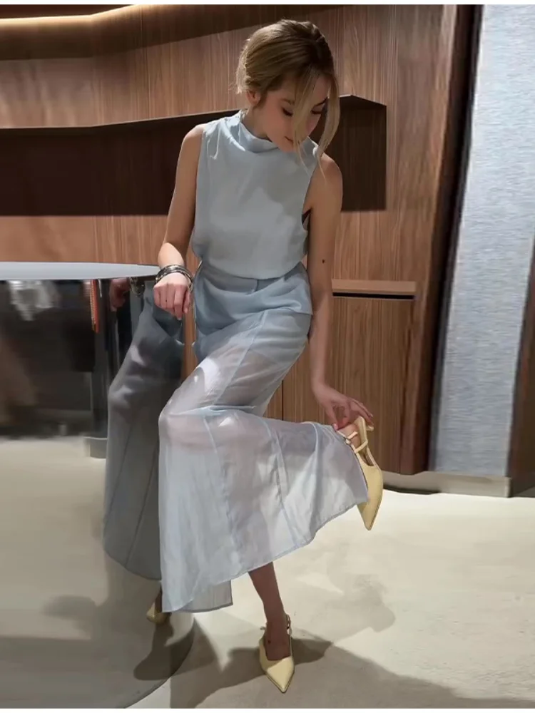 Beach Solid Top Skirt Women Set Sleeveless Stand Collar Belt Blouse Blouse Hip Package Skirts 2026 Summer Autumn Lady Suit New view 4