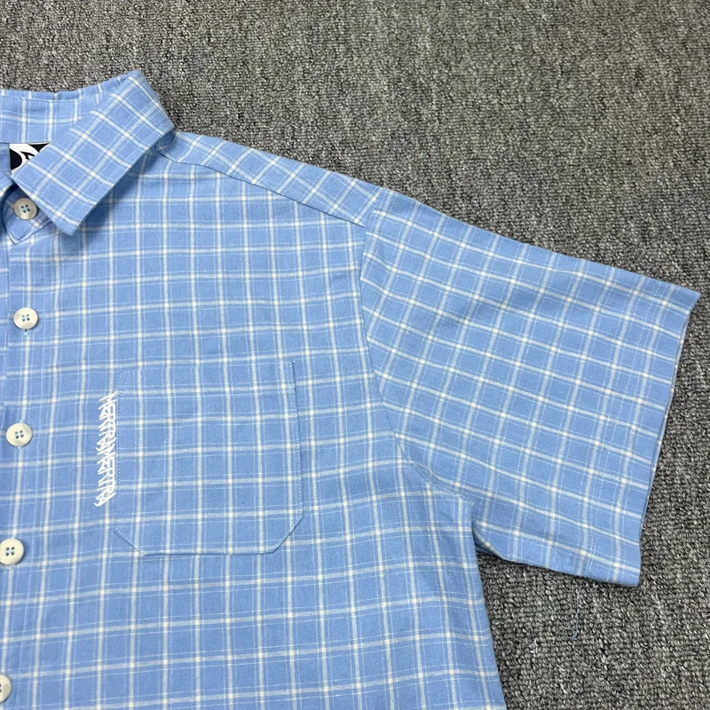 New Bestselling Trend Translated Checkered Mertra Shirt Summer Comfort Letter Printed Button T-shirt Top