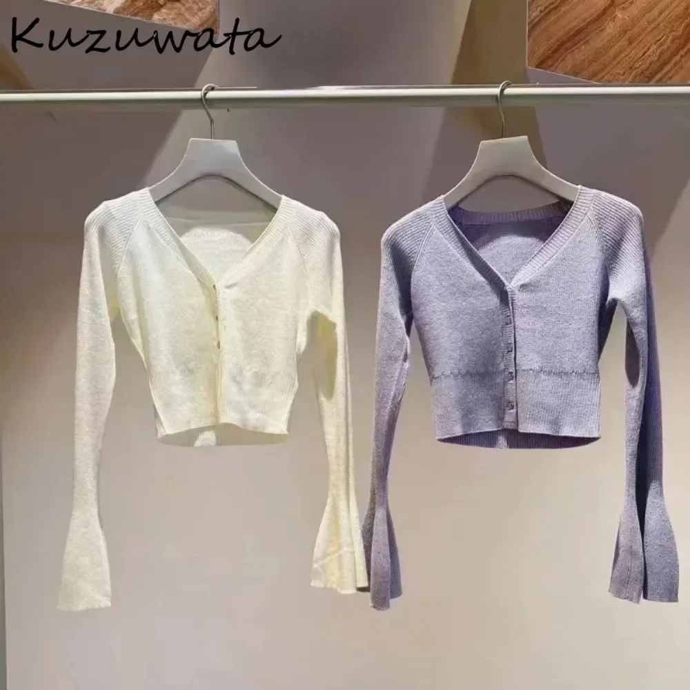 Kuzuwata New Sweet V Neck Flare Sleeve All-match Cardigan Slim Single Breasted Knit Gentle Sweaters Japan Fresh Elegant Knitted