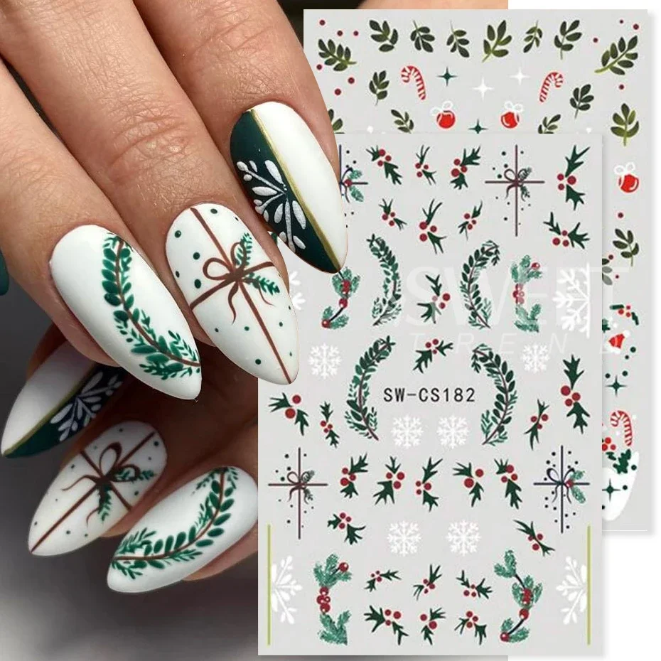 2/4 pezzi adesivi per unghie natalizi autoadesivi foglie verdi agrifoglio fiocco di neve decalcomanie per unghie cursori decorazione manicure capodanno fai da te