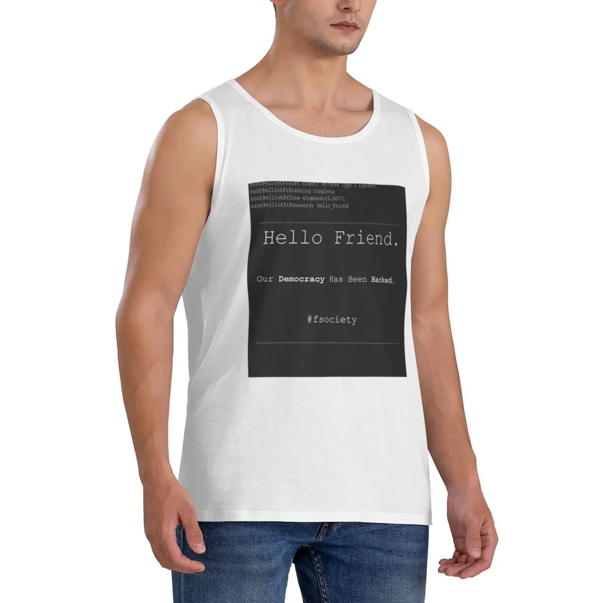 100% Cotton Mr Robot Hello Friend Fsociety Sleeveless T-Shirt Men Workout Sports Clothing Tops Men's Crew Neck Vest