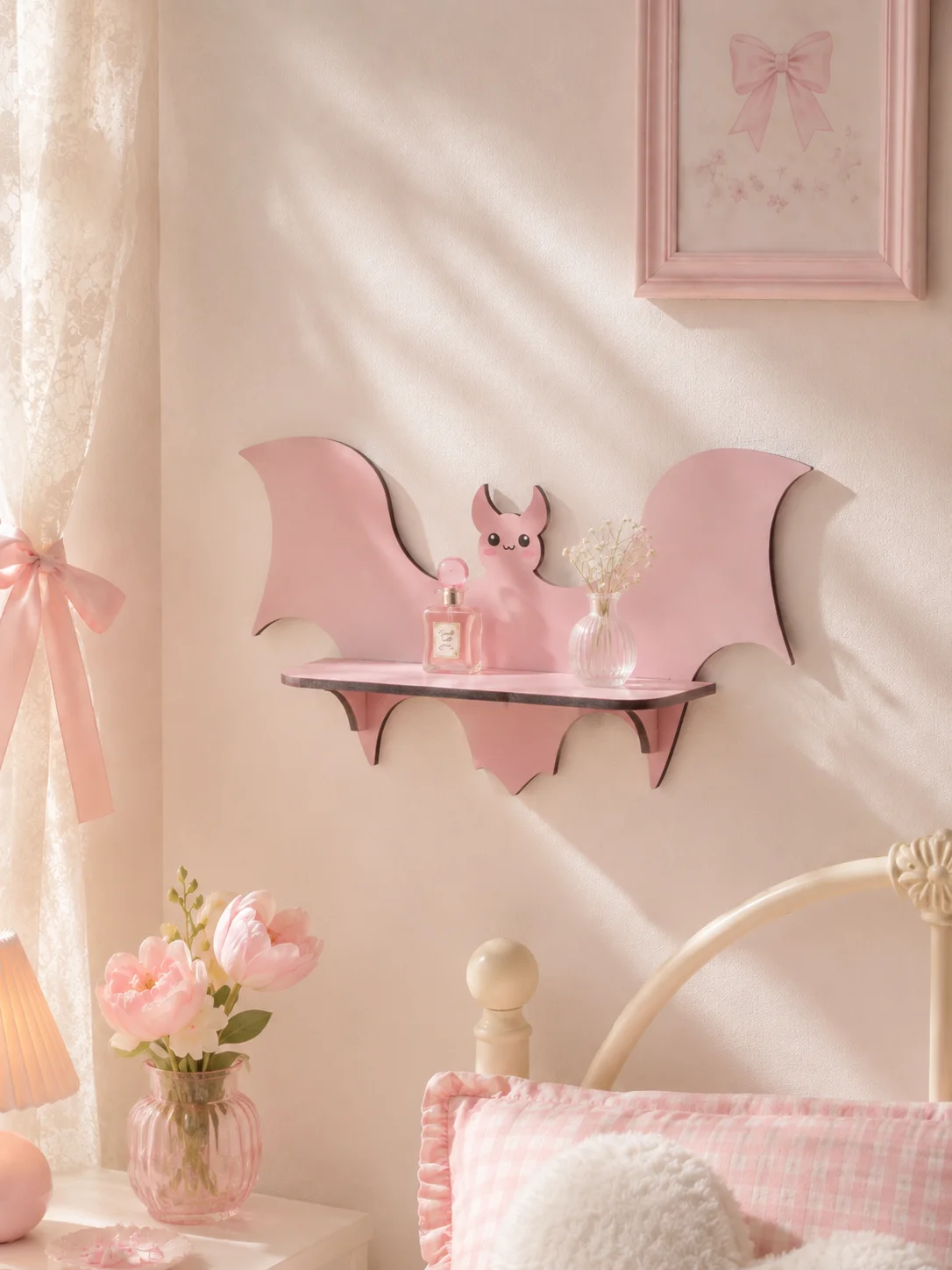 Cute Pink Bat Wall Shelf, Floating Wall Mount Rack, Aesthetic Bedroom Display Shelf, Gothic Pastel Room Decor for Small Ornament