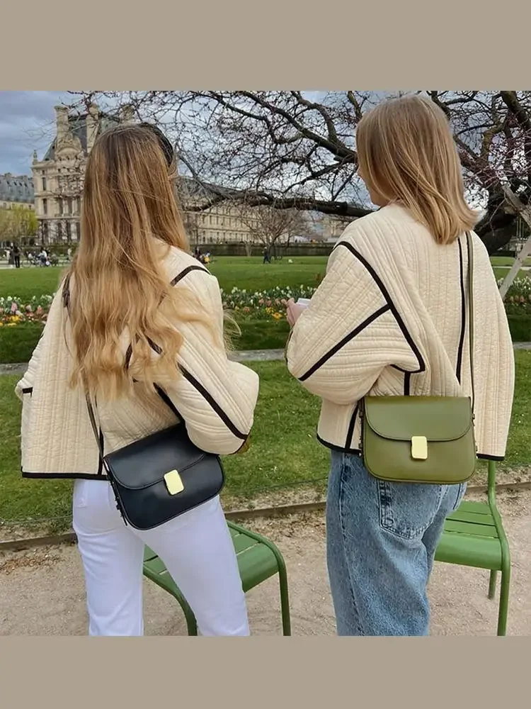 Abrigos acolchados de retazos para mujer, chaqueta con cuello redondo y bolsillo de una sola botonadura, ropa de calle informal, Otoño, 2024