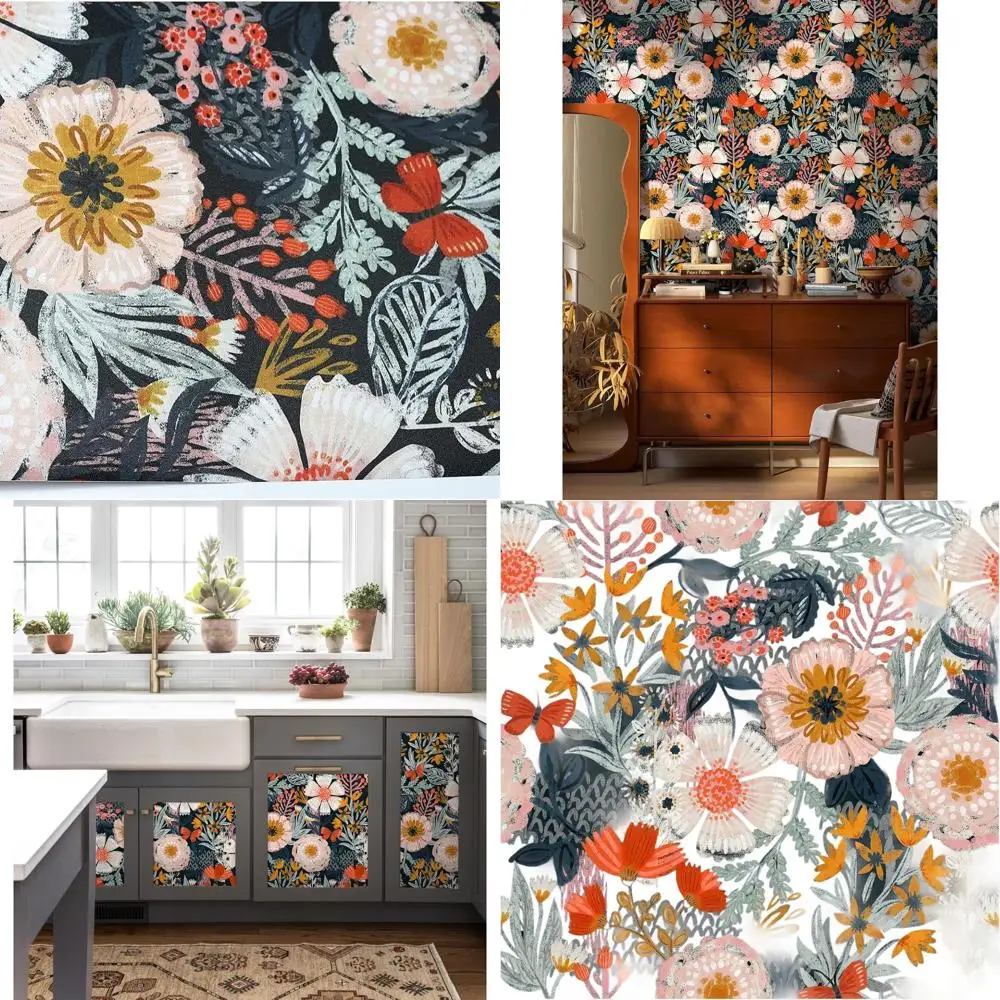 

Removable Bohemian Floral Wallpaper, Navy & Pink, 17.3in x 32.8ft for Bedroom Decor