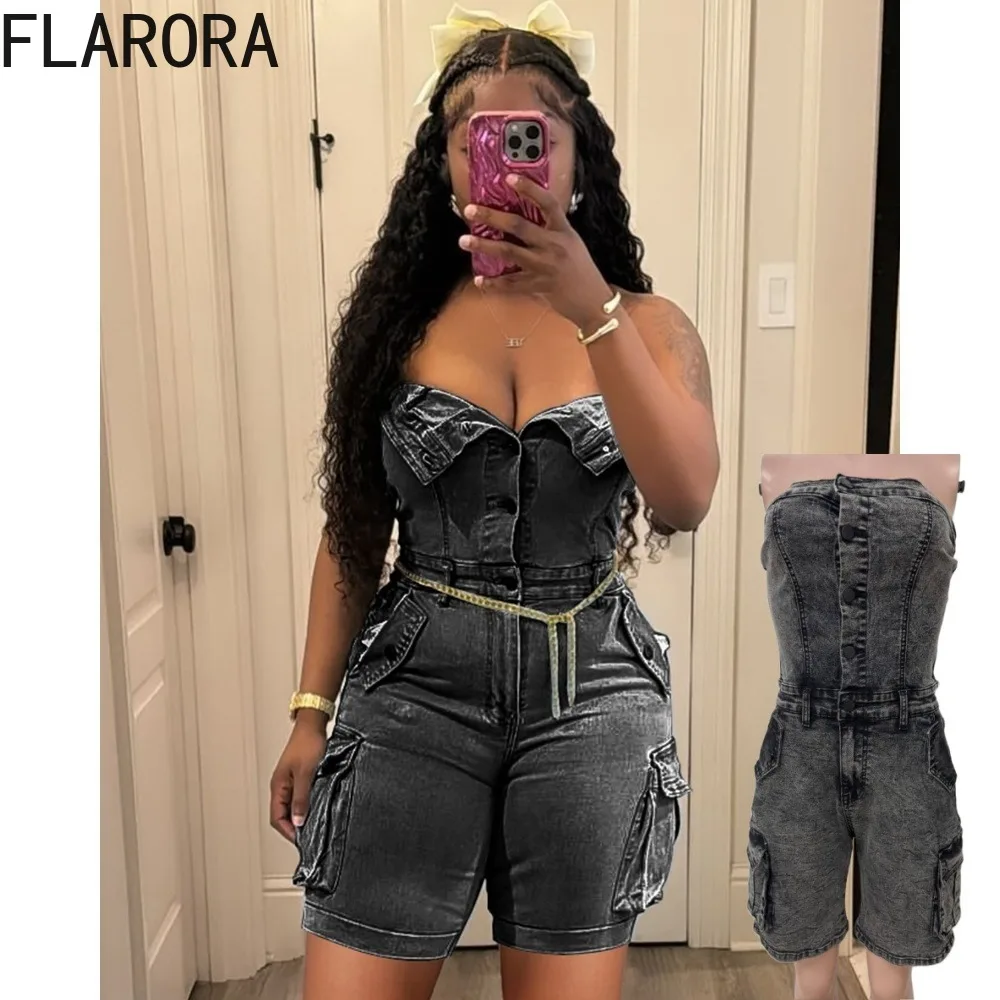 

FLARORA Fashion Denim Strapless Rompers Woman Sleeveless Pocket Cargo Jean Short Jumpsuit Summer New Street One Piece Overalls