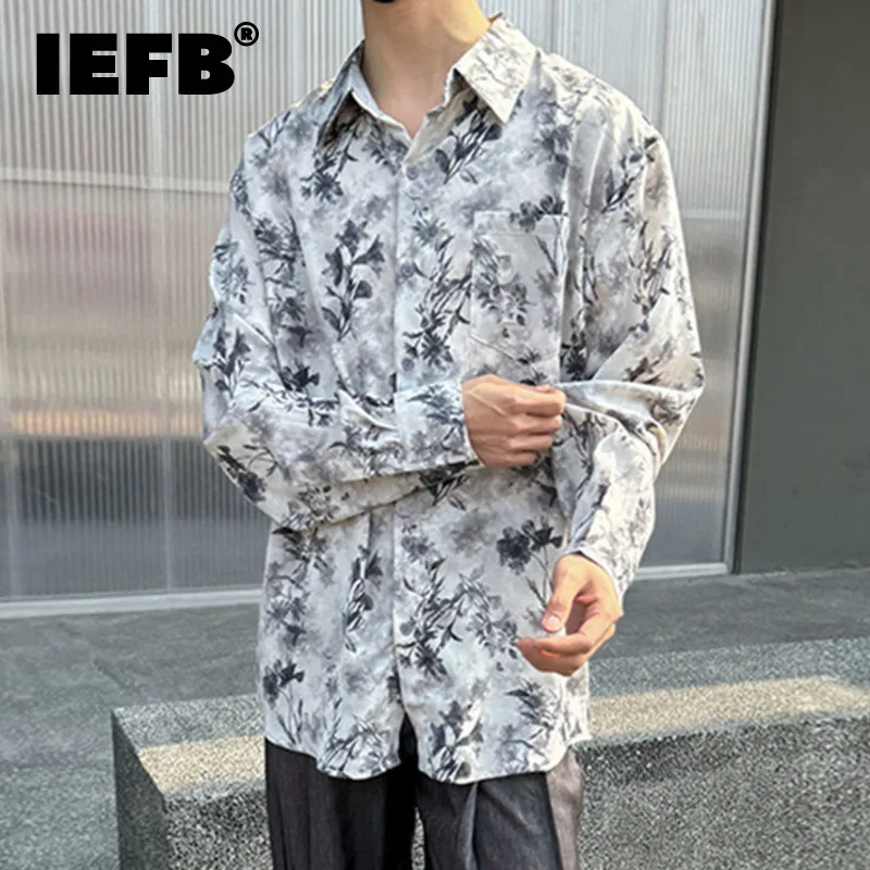 

IEFB New Chinese Style Shirts Men's Floral Printing Long Sleeve Turn-down Collar Male Clothing Single Breasted Tops 9C5220