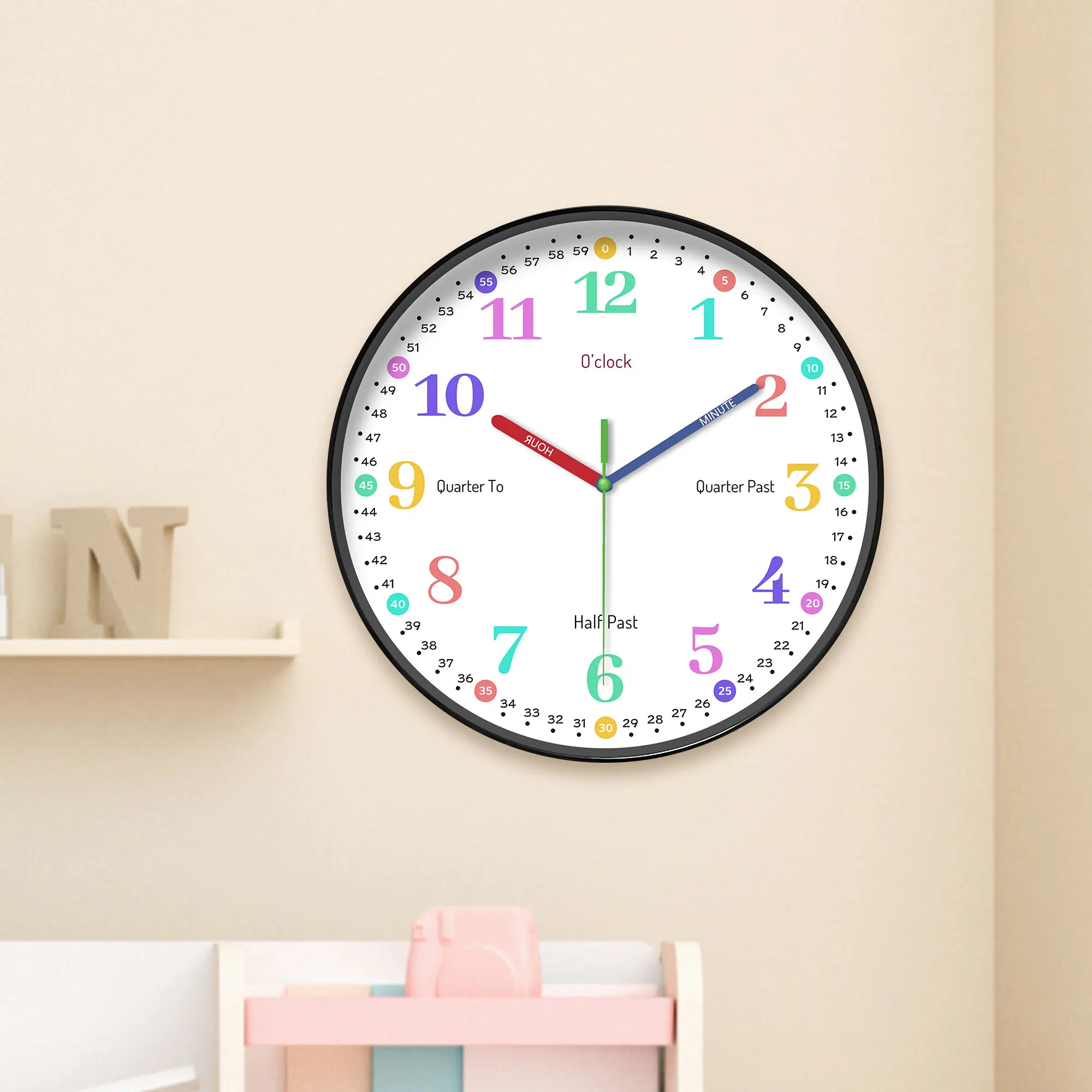 1pc 8-inch learning wall clock, chiming Instructional Design wall clock, colorful silent clock, Living Room Bedroom, Room School