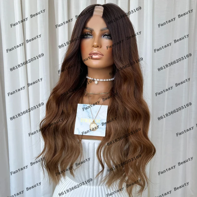 Ombre Long Wavy Golden Brown Human Hair 1x4 apertura U Part parrucche per donne nere 180 densità regolabile V Part parrucche Full Thick End