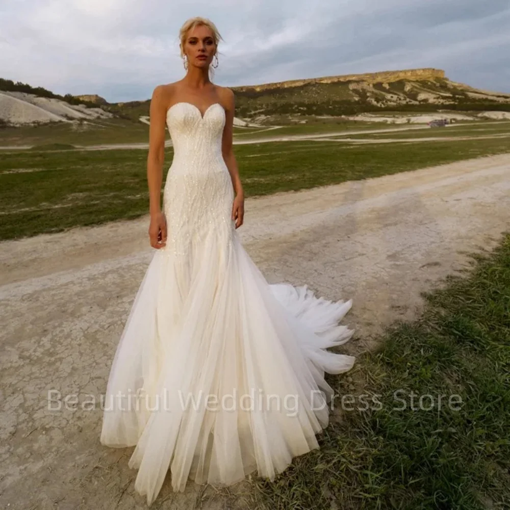 Robe de mariée sirène sans bretelles pour femmes, robes de mariée chérie, robe de patients à sequins, train de fibre, élégante