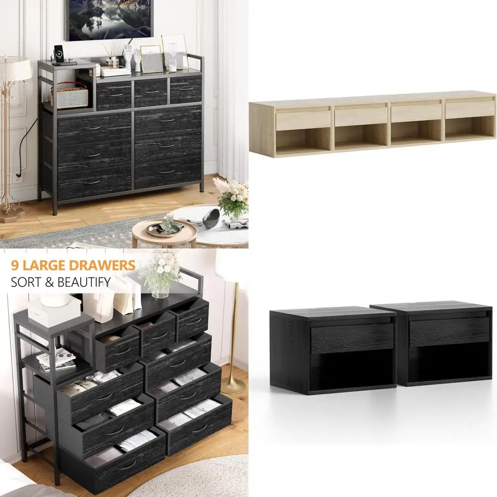 حامل تلفزيون بمحطة شحن مع 9 أدراج، وخزانة غرفة النوم لغرفة المعيشة، ونمط الصفصاف الأسود #1