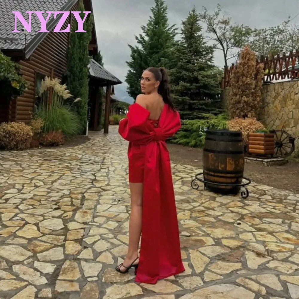 NYZY C391 Satin Sharp Sweetheart Big Bow Back Hi-low Red Homecoming Dresses 2025 Cocktail Party Prom Gowns Customized