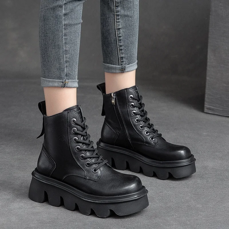 DRKANOL Winter Warm Ankle Boots For Women Genuine Cow Leather Handmade Retro Jagged Sole Wedges Platform Casual Warm Short Boots