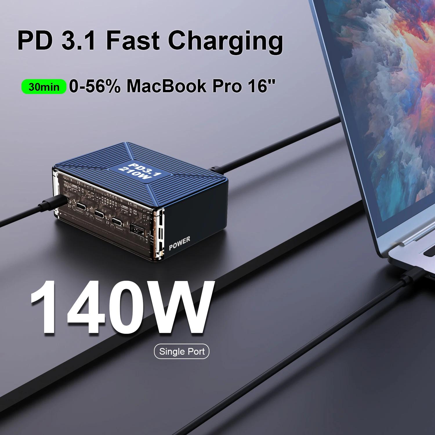 شاحن USB C 210 وات، GaN PD3.1 140 وات 100 وات PPS محطة شحن سريعة من النوع C محول طاقة للكمبيوتر المحمول MacBook Samsung S23 iPhone 15