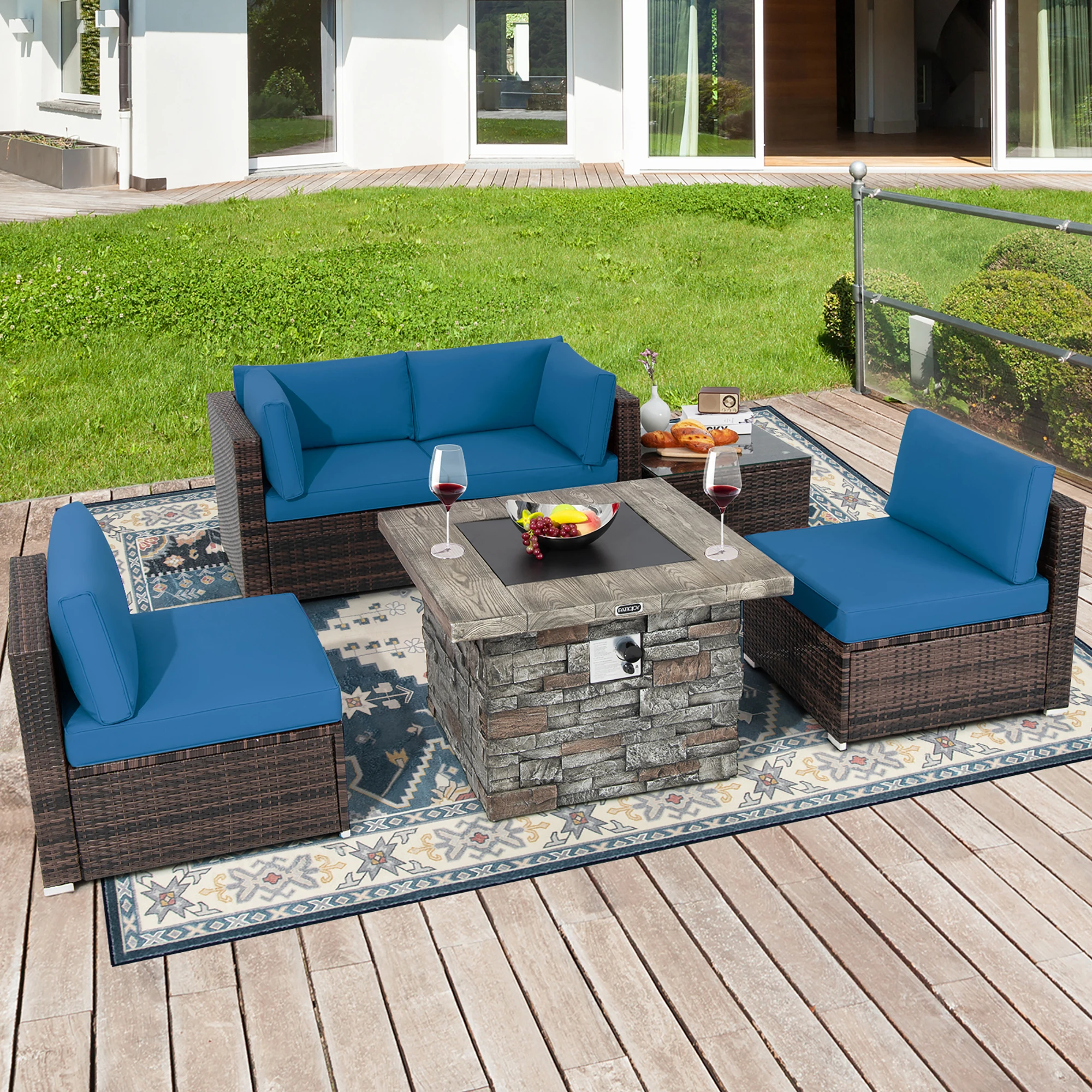 

6 PCS Patio Wicker Furniture Set 34.5" Fire Pit Table W/Cover Navy Blue