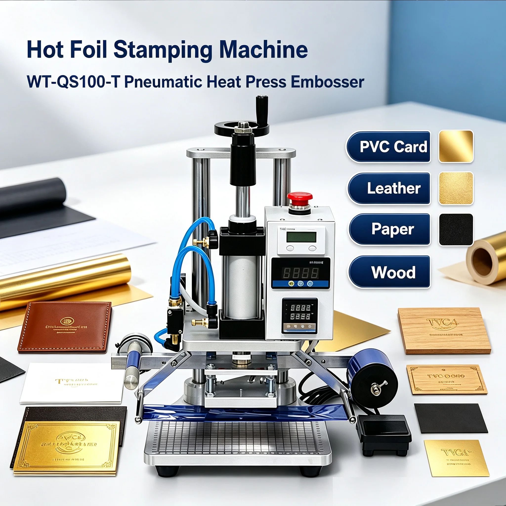 WT-QS100-T Pneumatic Hot Foil Stamping Machine Heat Press Embossing Machine For PVC Card Leather Paper Wood Custom Logo Printing