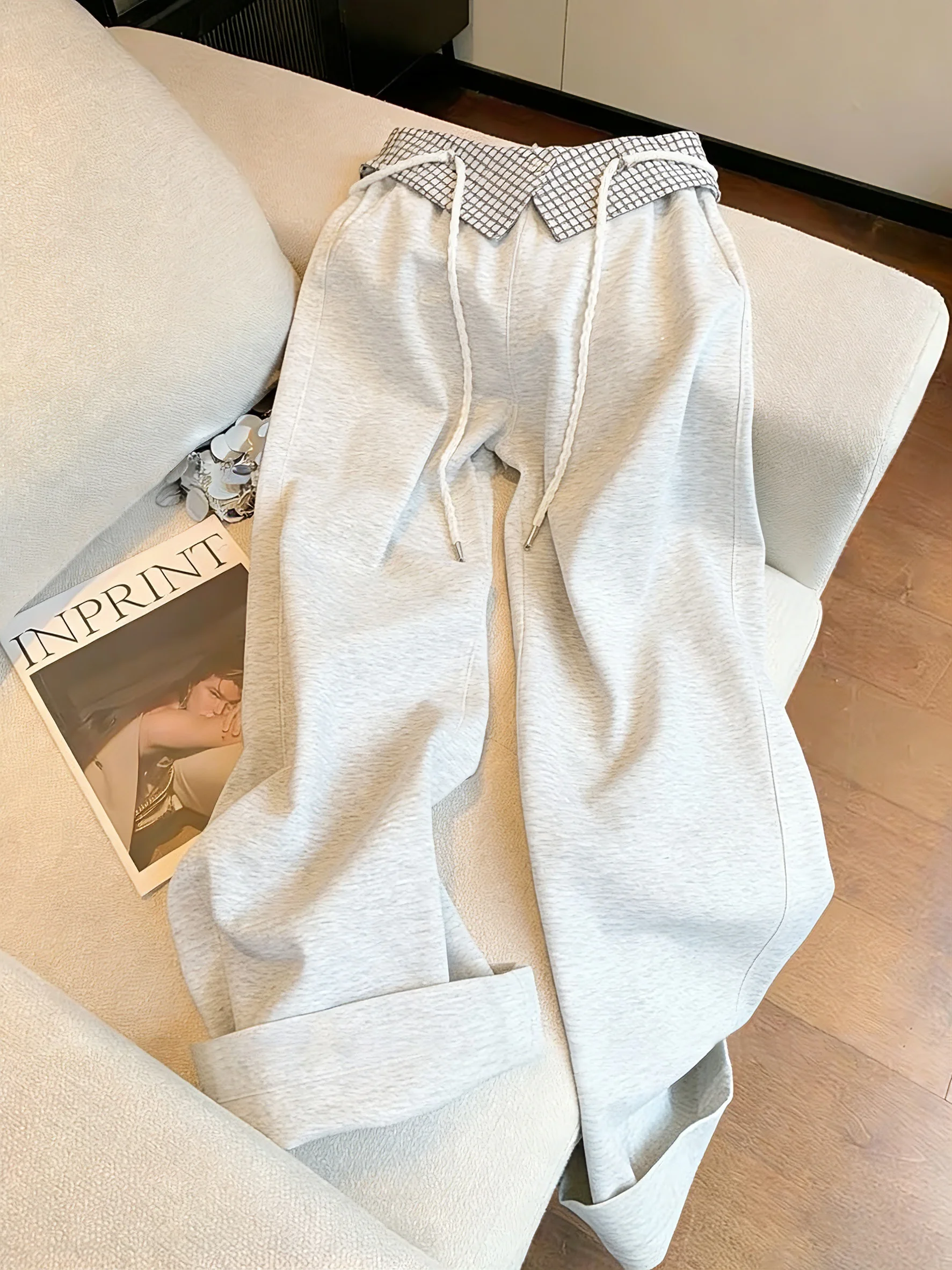 

American Lazy Sle High Waist Plaid Straight Leg Casual Pants Women's Spring Autumn Vintage Loose Drapey Floor-Length Wide L...