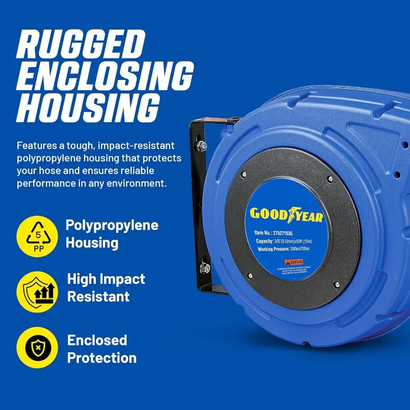 Goodyear Air Hose Reel Retractable 3/8" Inch x 50' Foot Hybrid Polymer Hose Max 300PSI Commerical Polypropylene Construction