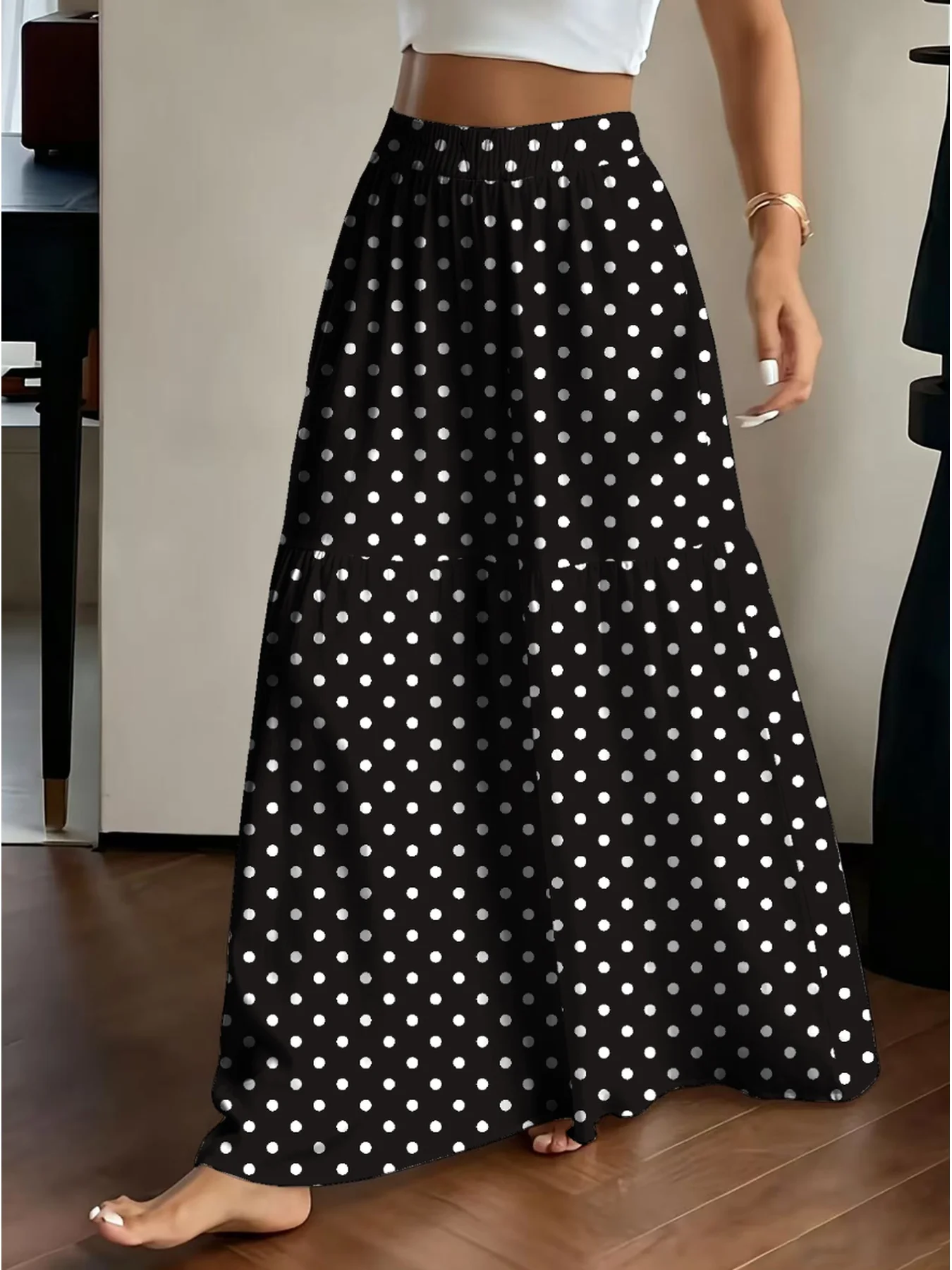 Damen-Freizeithose, elegant, einfarbig, mit Punktmuster, elastischer Bund, weites Bein, lange Hose, bequeme Passform, modisch – Detail 2