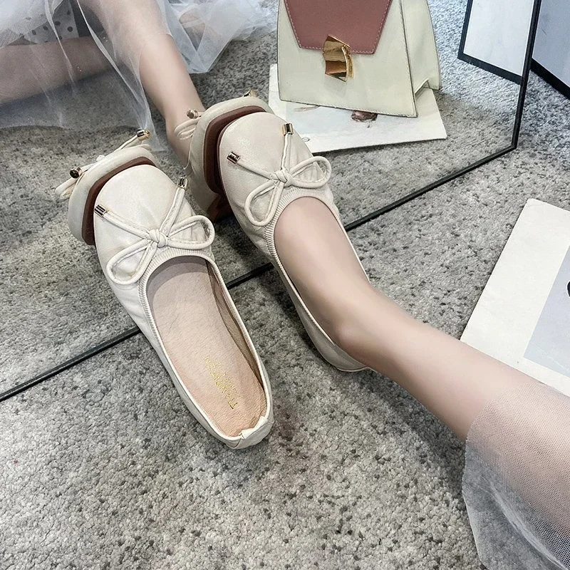 Plus Size Woman Elegant Apricot Luxury Brand Designer Flats Female Patchwork Bowknot White Mocasines Cute Shoes