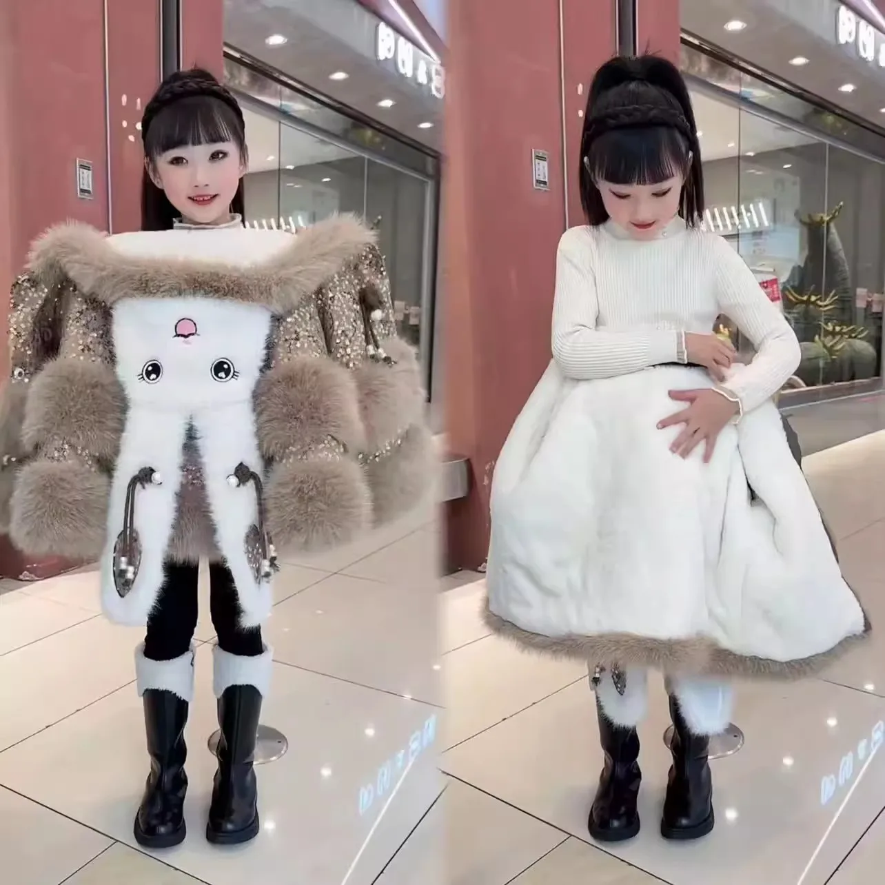 Girls' imitation fur coat winter clothing new girl baby fleece thickened foreign style medium old children's long-eared rabbit