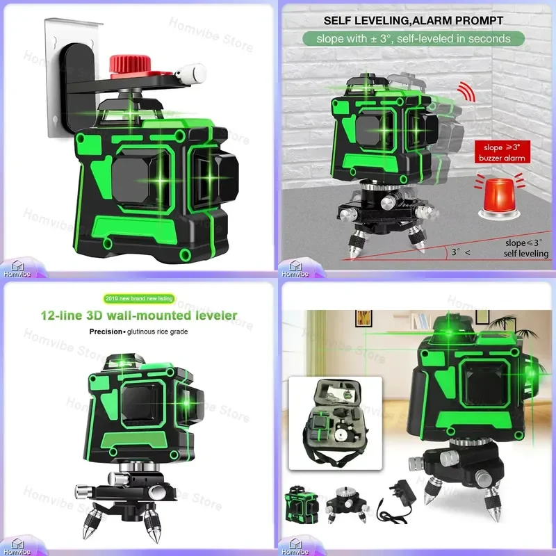 12-Line 3D Self-Leveling Laser Level with 360° Horizontal and Vertical Cross Lines Super Bright Green Laser Beam for