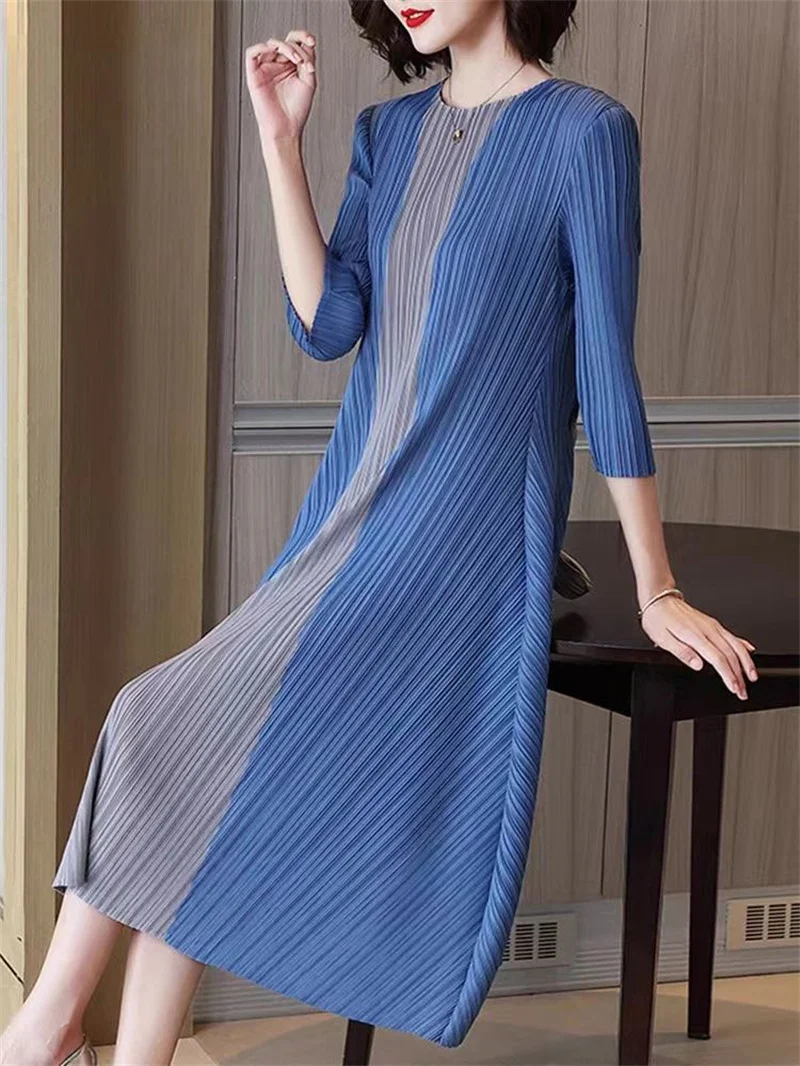

Party Dresses Long Dresses Womens Dresses Round Neck Pleated Simple Fashion Contrast Elastic Slim Cropped Sleeve Loose Dress