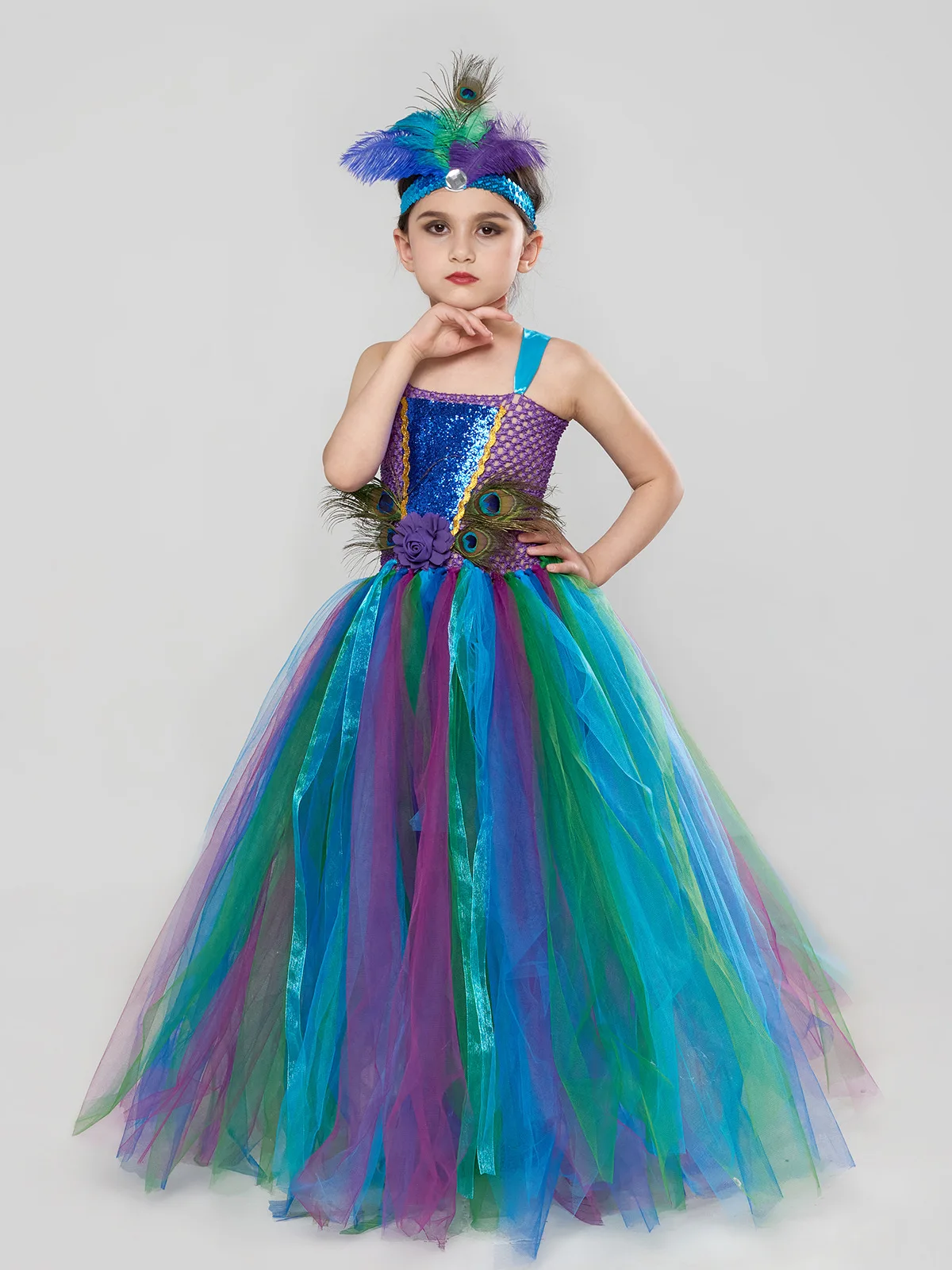 Fancy Peacock Feather Girl Pageant Tutu Dress With Headband Children Kids Birthday Party Wedding Ball Gowns Trailing Tulle Dress