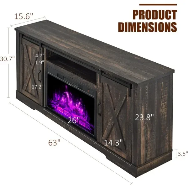 Fireplace TV Stand with Sliding Barn Door for TVs up to 73", Farmhouse 63" Fireplace Entertainment Center