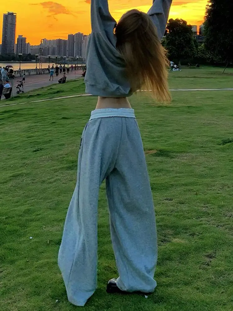 Retro Gray Sports Pants Women Summer Color Block Waistband Loose Wide Leg Trousers